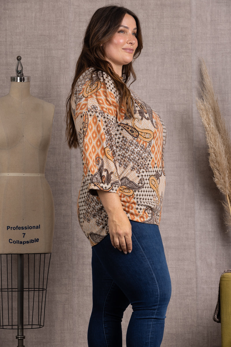 AUPE PAISLEY PRINT DOLMAN LONG SLEEVES PLUS SIZE TOP-TP2014