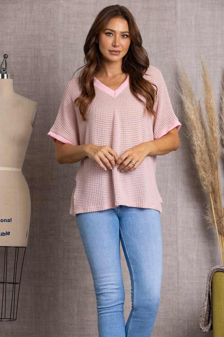 T7879-Wholesale PEACH V-NECK DOLMAN SHORT SLEEVES KNIT TOP