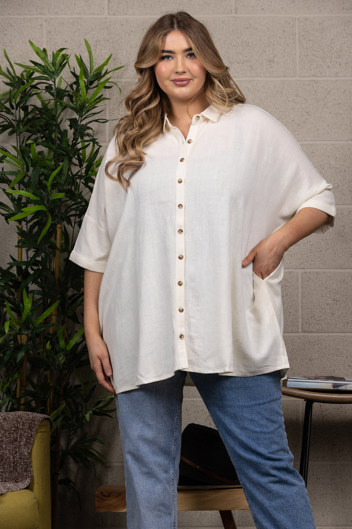 POINTED COLLAR  BUTTON DOWN DOLMAN SLEEVES PLUS SIZE TOP