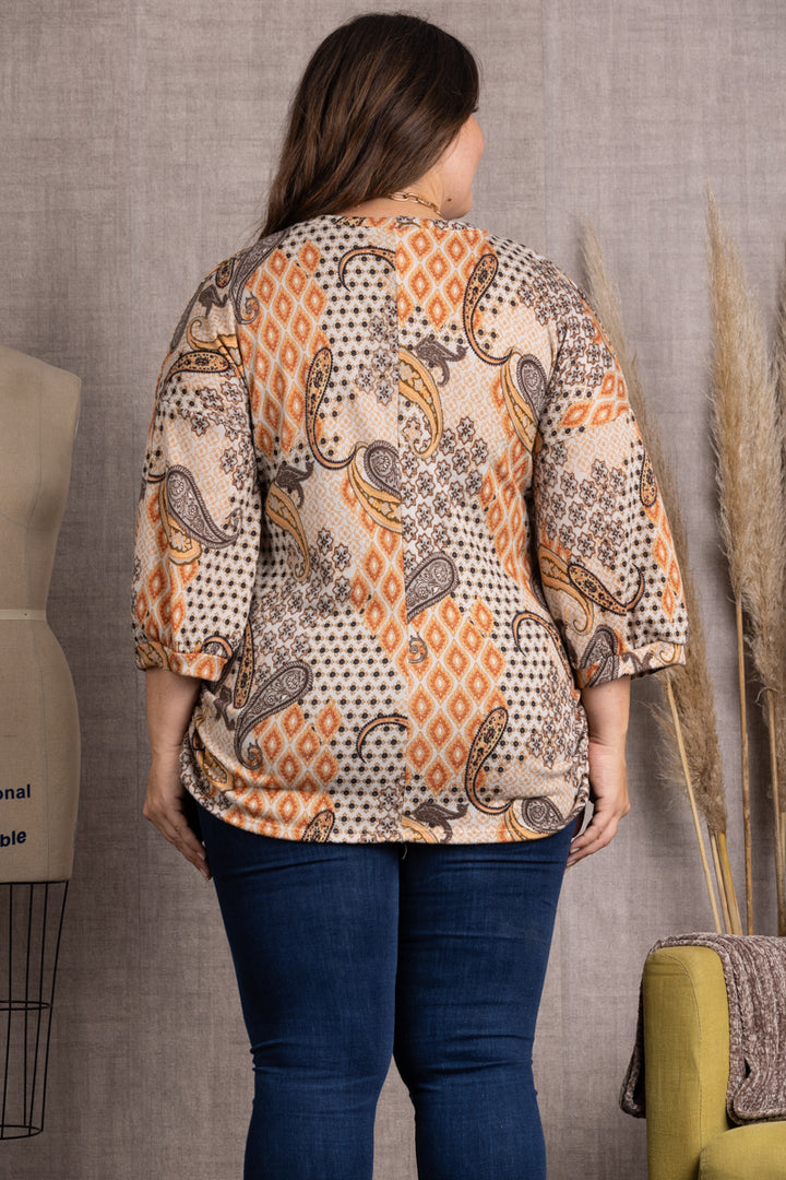 AUPE PAISLEY PRINT DOLMAN LONG SLEEVES PLUS SIZE TOP-TP2014