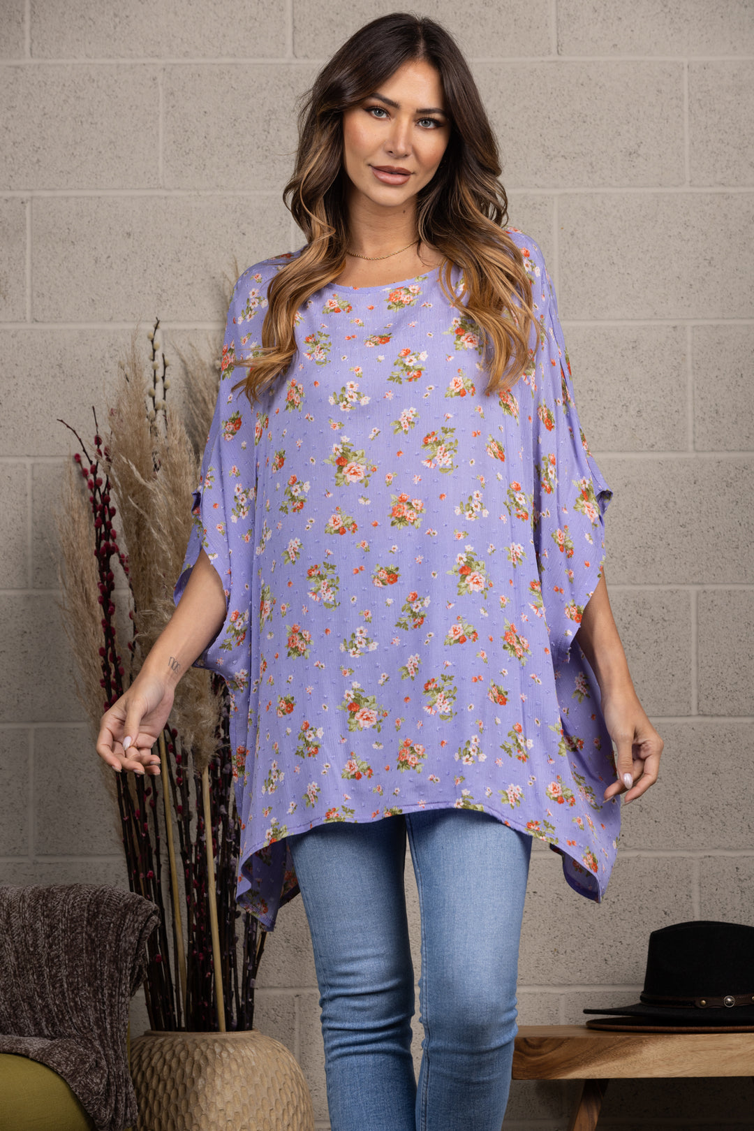 SWISS DOTS FLORAL PRINT DOLMAN SHORT SLEEVES TOP-T7430