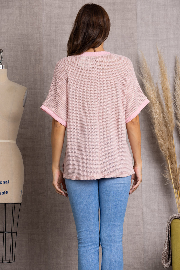 PINK- V-NECK DOLMAN SHORT SLEEVES KNIT TOP-T7879