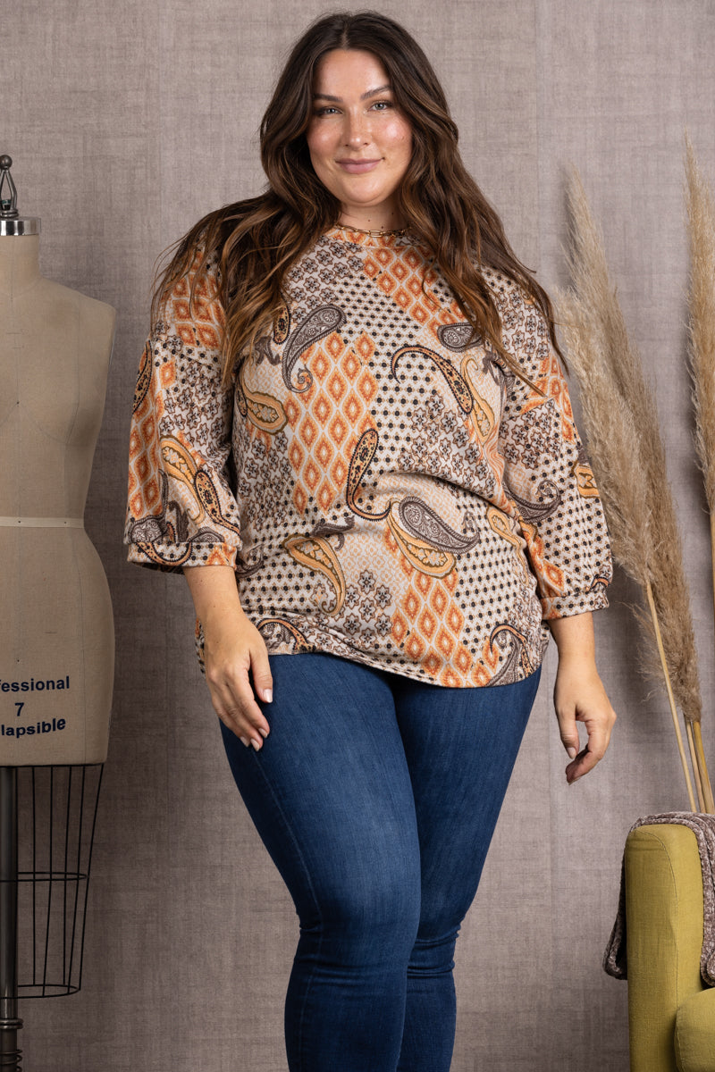 AUPE PAISLEY PRINT DOLMAN LONG SLEEVES PLUS SIZE TOP-TP2014