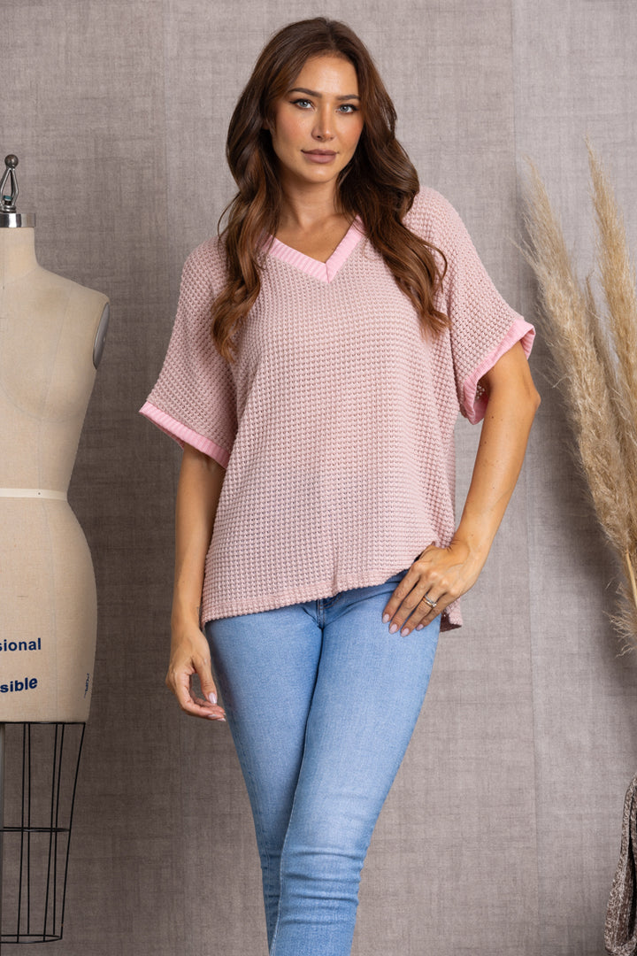 PINK- V-NECK DOLMAN SHORT SLEEVES KNIT TOP-T7879