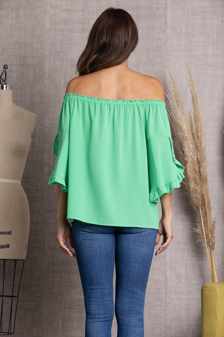 ST11459-SPEARMINT RUFFLE SLEEVE OFF THE SHOULDER TOP-SW22 (1 S - 2 M - 2 L - 1 XL)