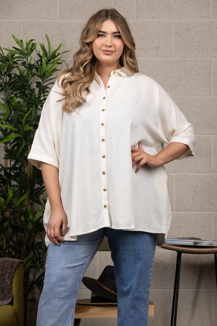 POINTED COLLAR  BUTTON DOWN DOLMAN SLEEVES PLUS SIZE TOP