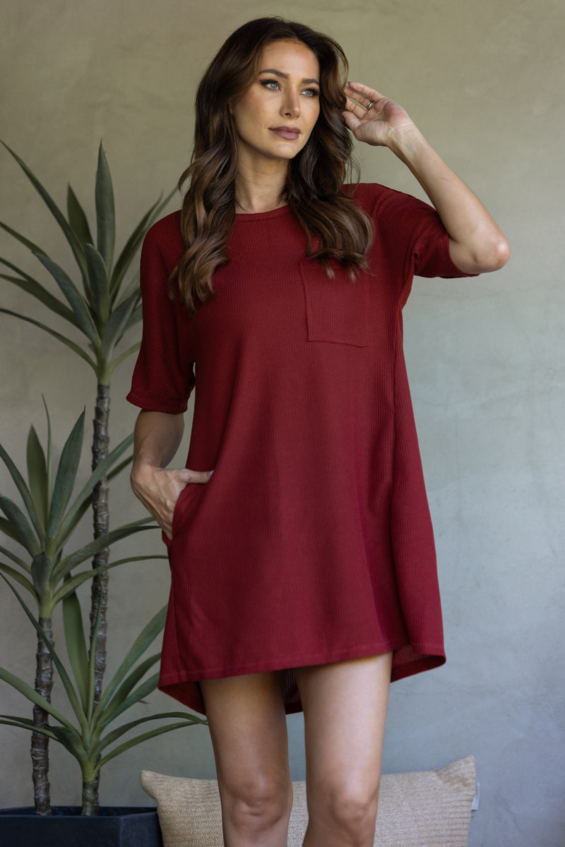  ND30183-Wholesale RUST RIBBED KNIT PATCH POCKET SHIRT MINI DRESS