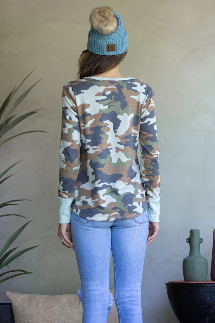 CAMOUFLAGE RIBBED KNIT T-SHIRT TOP-TY3593PC