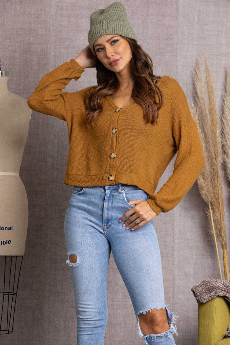 S1154-MUSTARD KNITTED LONG SLEEVES W/ BUTTONS TOP