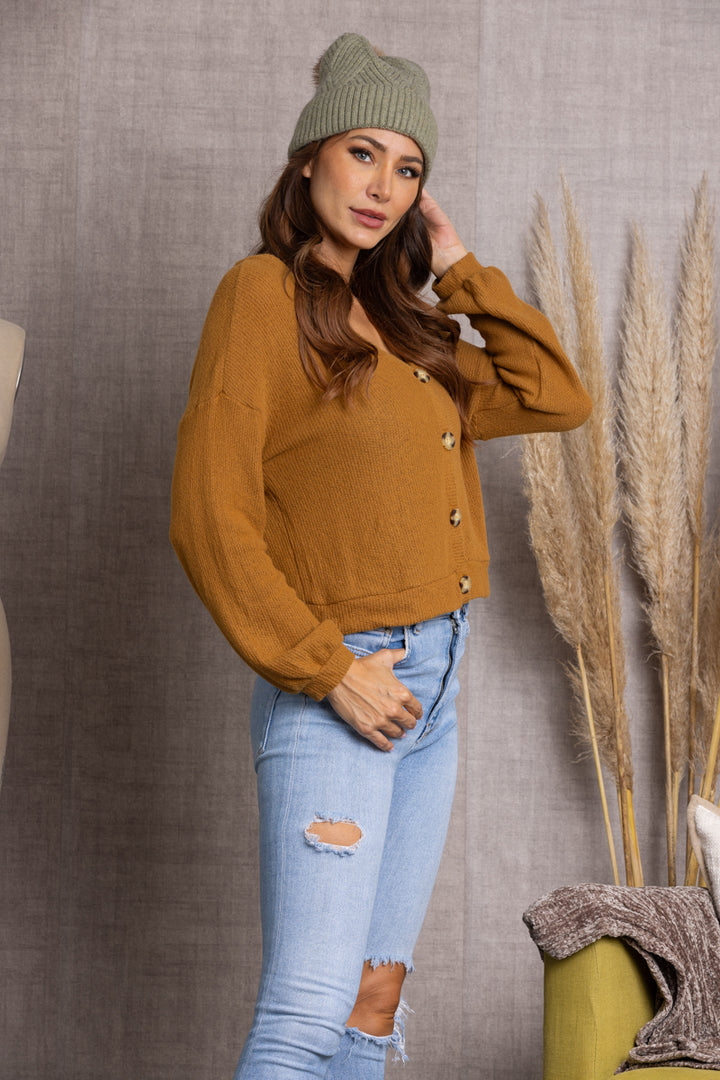 S1154-MUSTARD KNITTED LONG SLEEVES W/ BUTTONS TOP