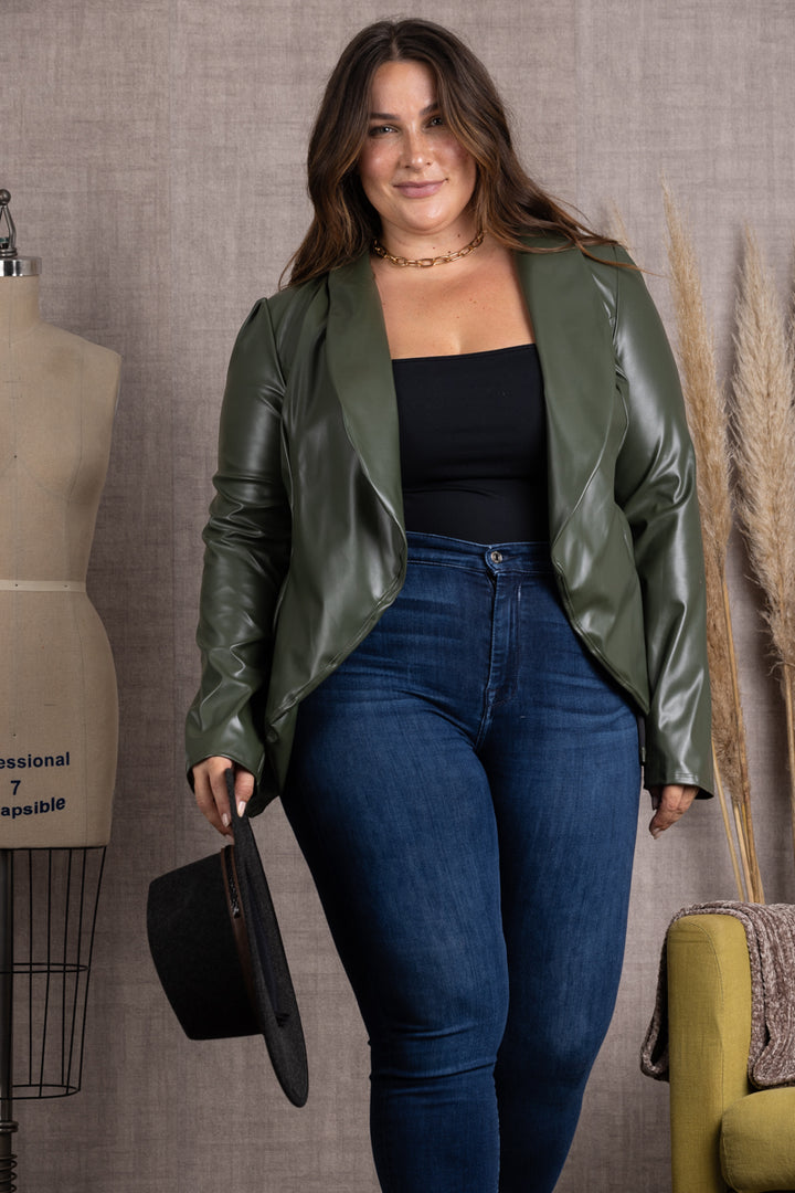 OLIVE LAPEL PU LEATHER PLUS SIZE BLAZER JACKET SJ1206