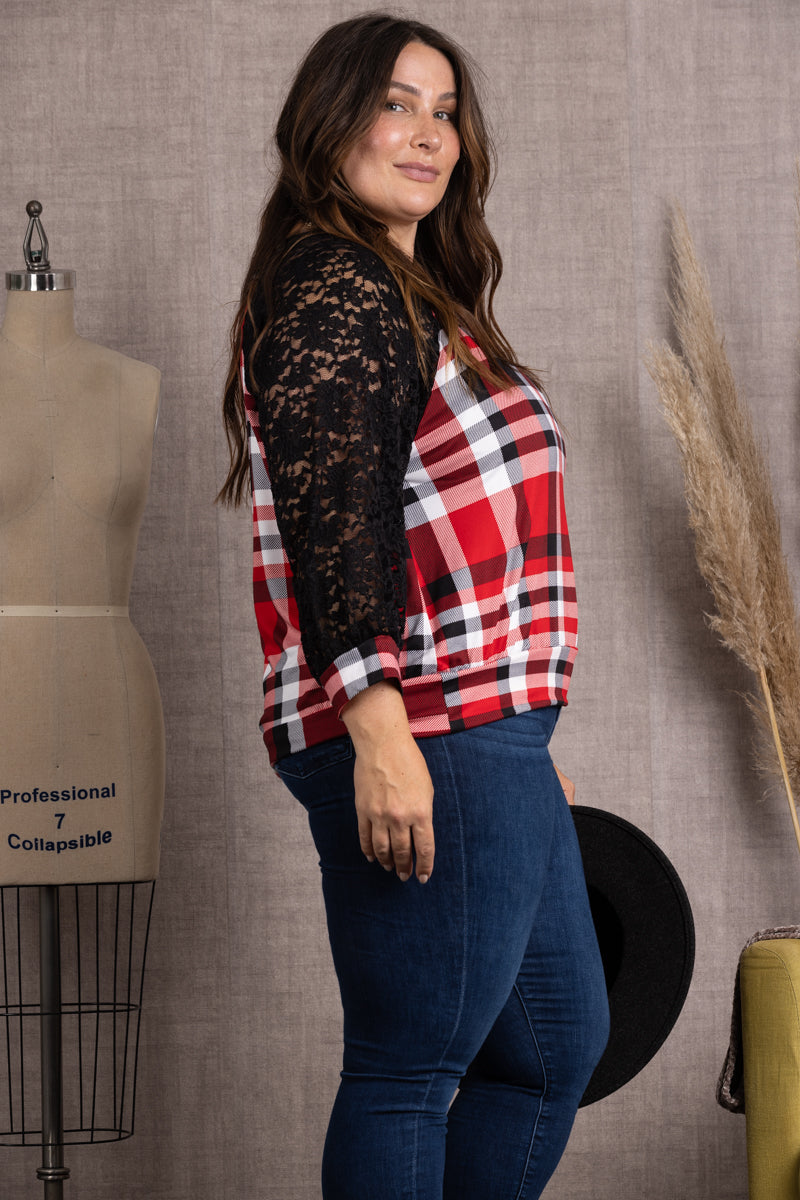 RED/BLACK LACE DETAILED LONG SLEEVES PLUS SIZE TOP-TP2018