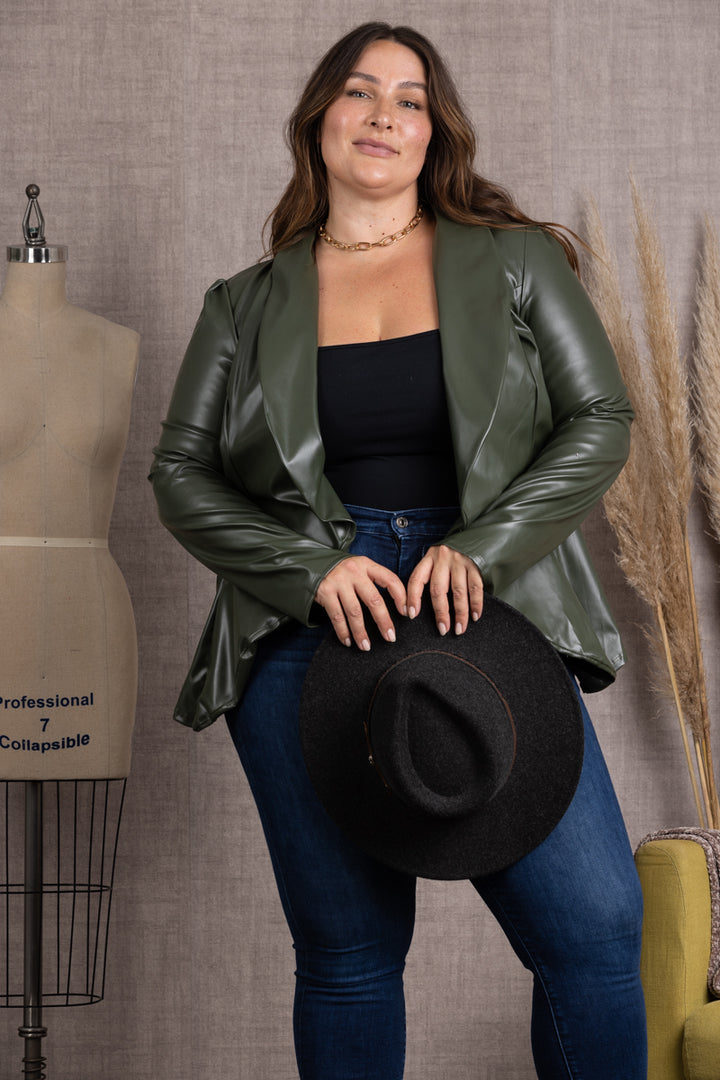 OLIVE LAPEL PU LEATHER PLUS SIZE BLAZER JACKET SJ1206