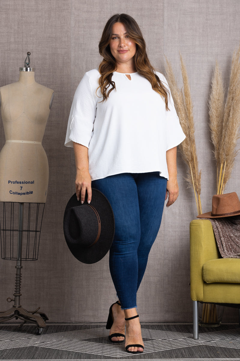 T2030-Wholesale WHITE SOLID COLOR SPLIT SHORT SLEEVE PLUS SIZE TOP