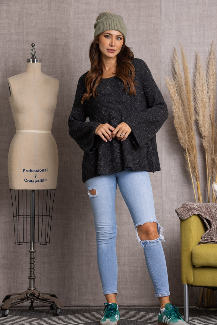 CHARCOAL  BELL SLEEVE RIB KNIT STITCH SWEATER M9032