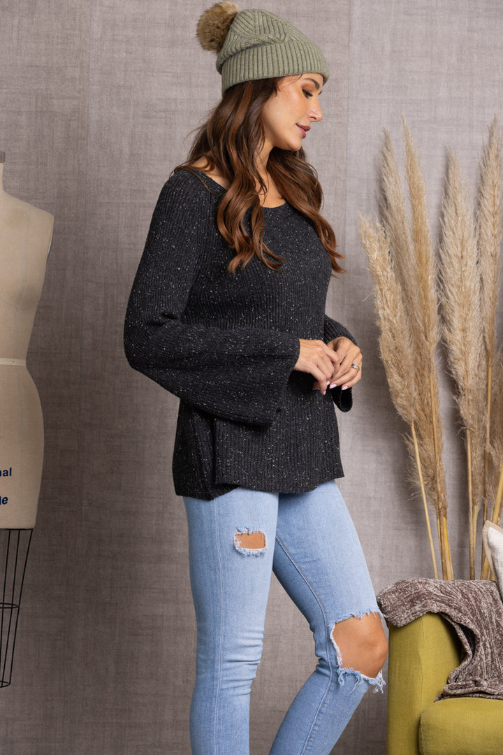 CHARCOAL  BELL SLEEVE RIB KNIT STITCH SWEATER M9032