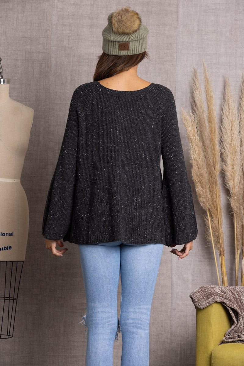 CHARCOAL  BELL SLEEVE RIB KNIT STITCH SWEATER M9032