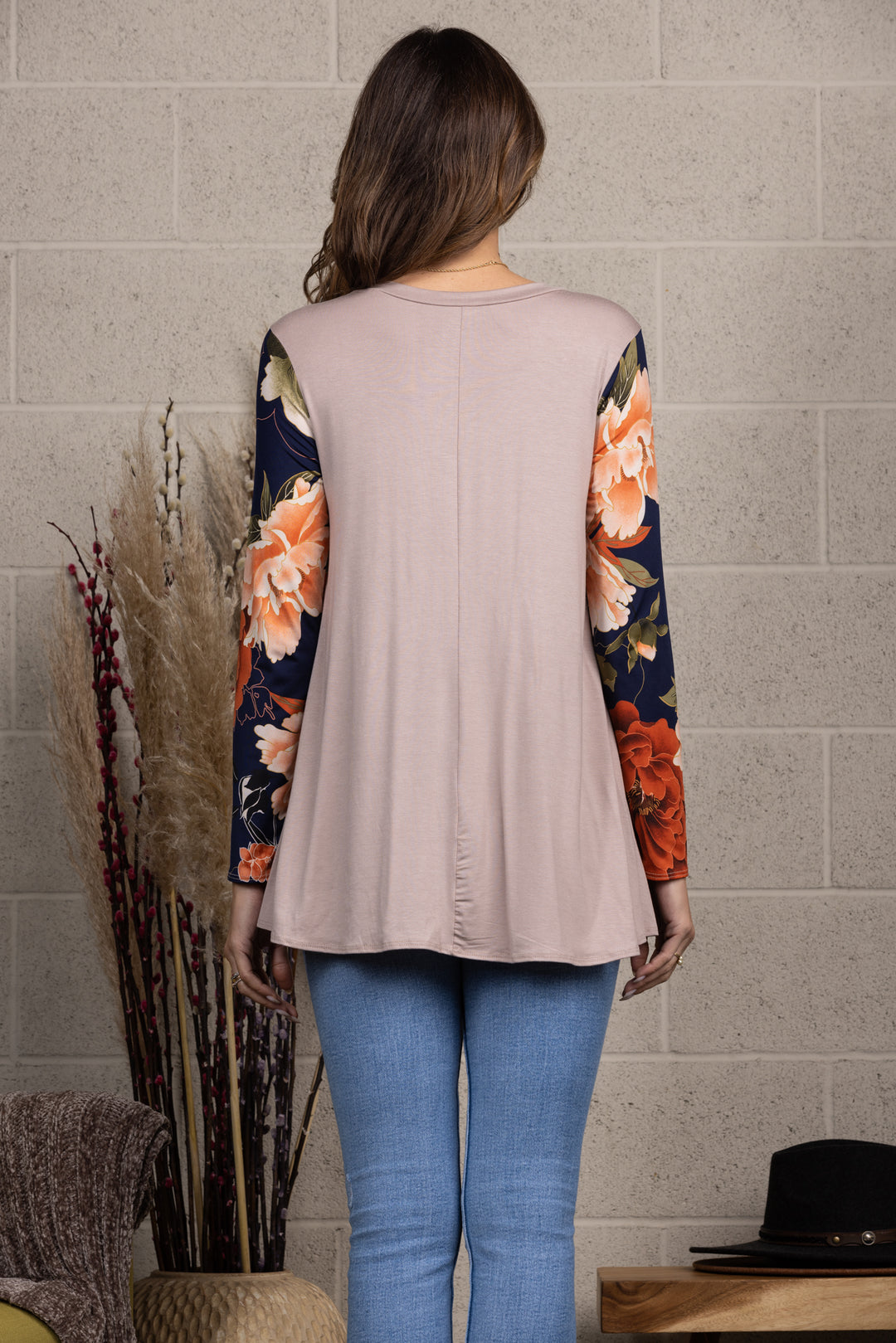 FLORAL PRINT RAGLAN LONG SLEEVES TUNIC KNIT TOP-B5317