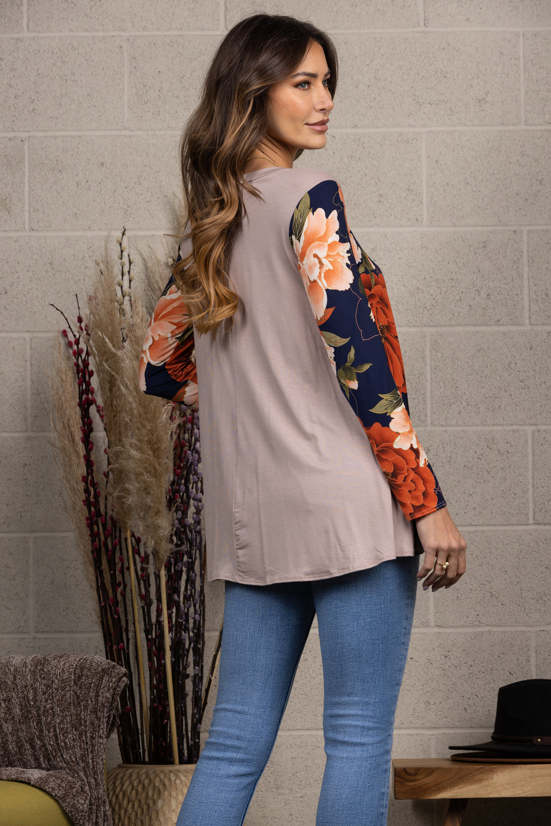 FLORAL PRINT RAGLAN LONG SLEEVES TUNIC KNIT TOP-B5317