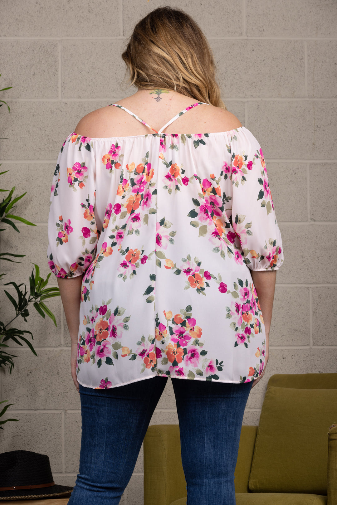 PINK CROSS BACK OFF SHOULDERS PLUS SIZE TOP TP1998-1