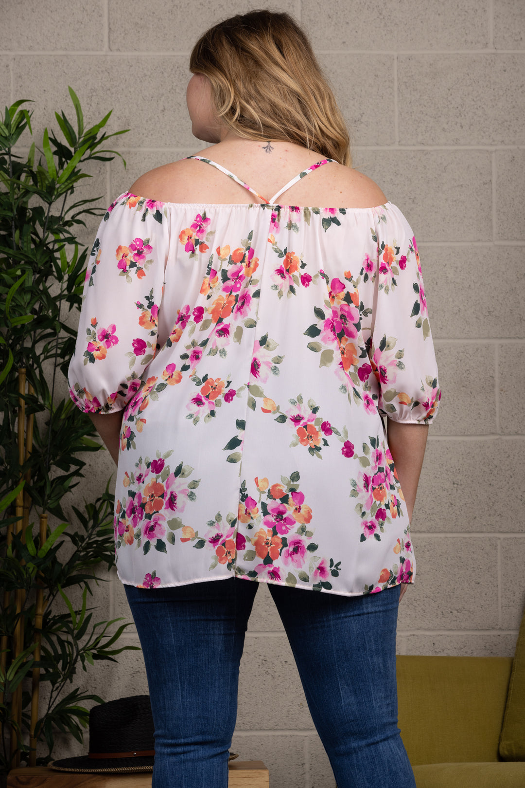 PINK CROSS BACK OFF SHOULDERS PLUS SIZE TOP TP1998-1