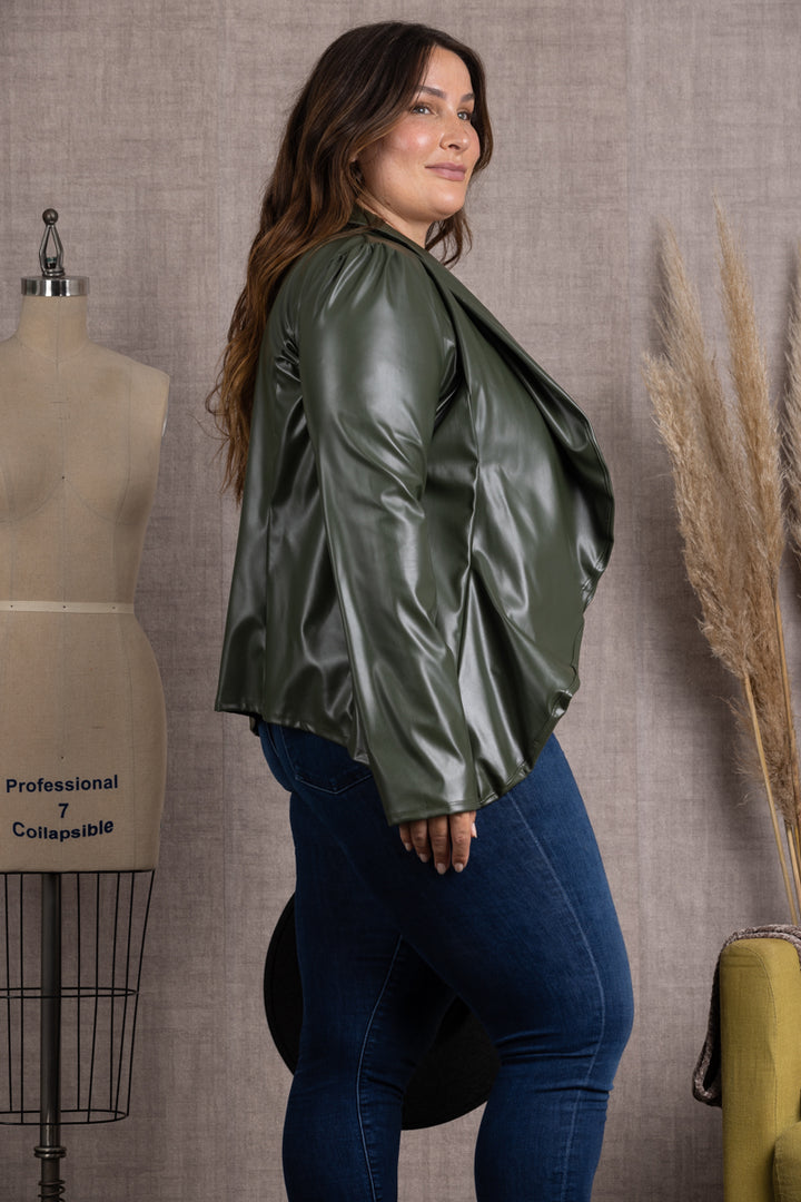 OLIVE LAPEL PU LEATHER PLUS SIZE BLAZER JACKET SJ1206