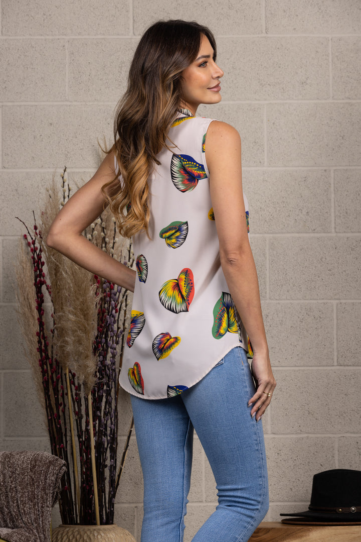 HAZEL WOOD LEAVES PRINT MANDARIN COLLAR SLEEVELESS TOP-B3775