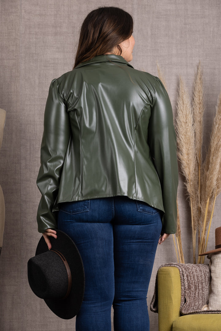 OLIVE LAPEL PU LEATHER PLUS SIZE BLAZER JACKET SJ1206