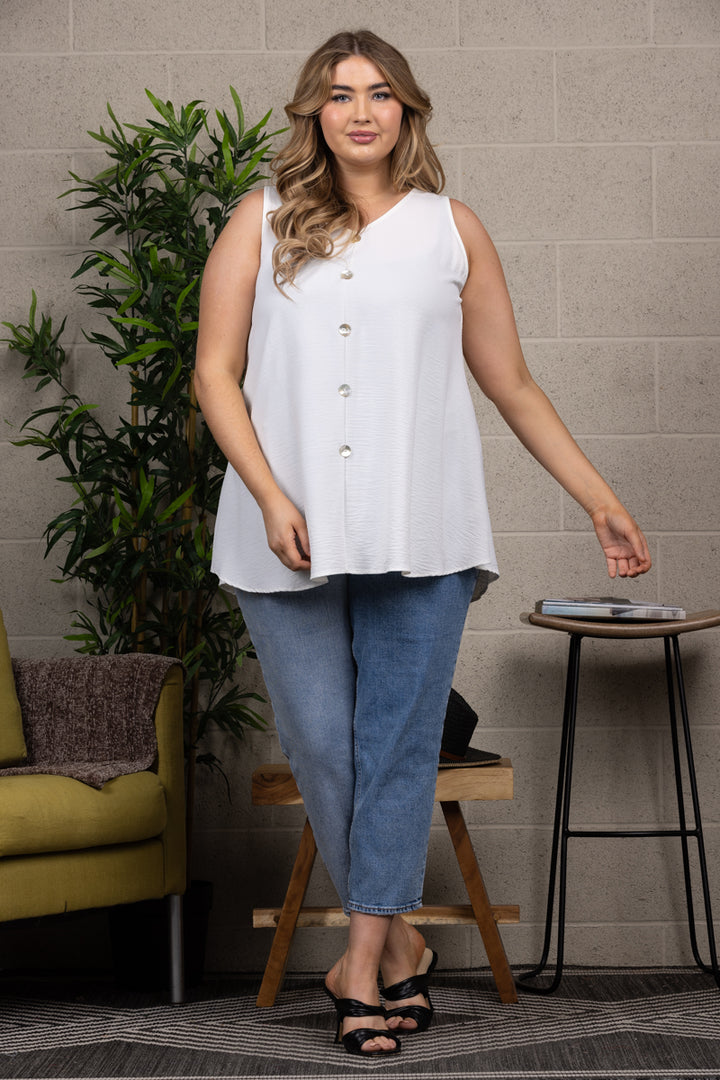 WHITE COLOR BUTTON DETAILED SLEEVELESS PLUS SIZE TOP T6063