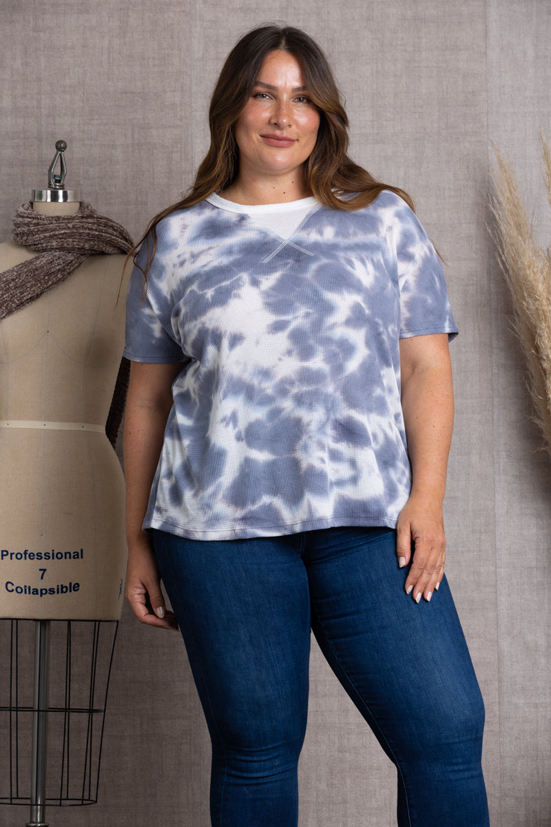 SLATE GREY SLATE GREY TIE DYE PRINT THERMAL KNIT PLUS SIZE TOP-PTY3794