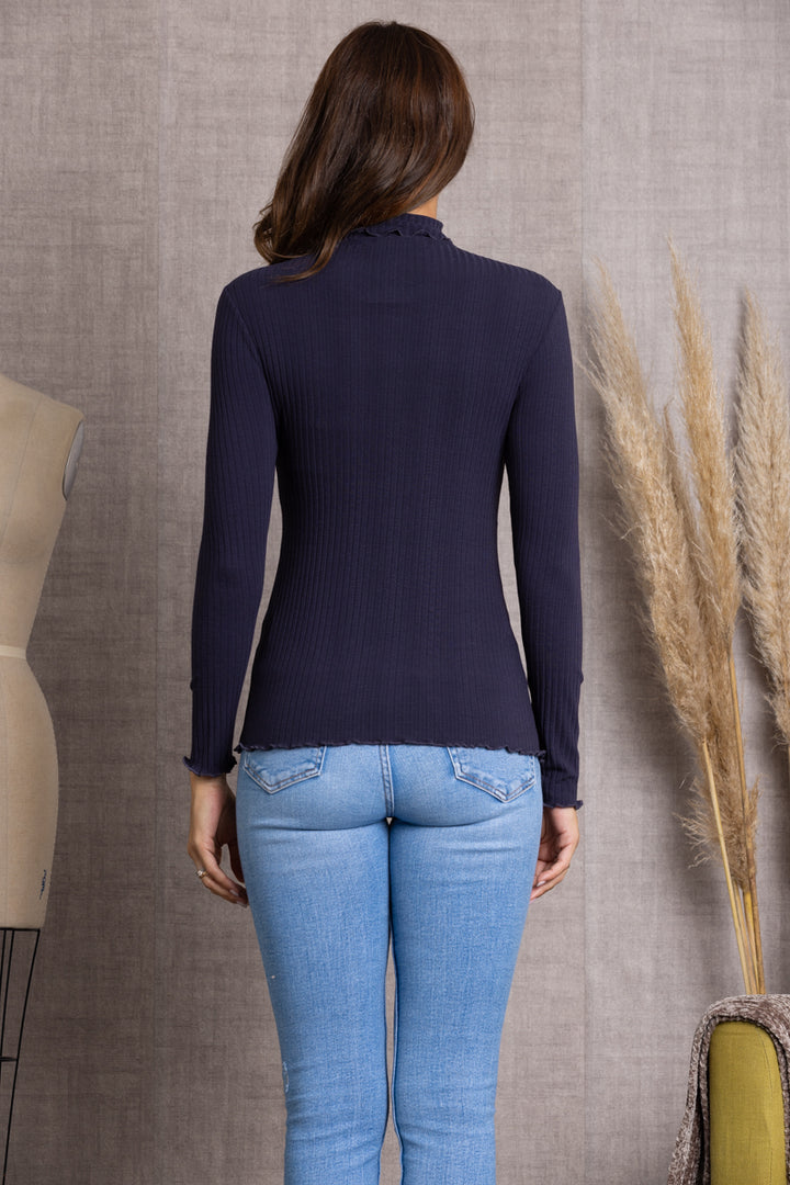 NAVY RIBBED KNIT MOCK NECK LONG SLEEVES TOP TJ11284