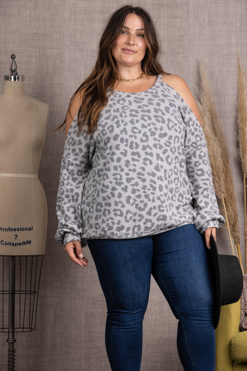 CT43644F-PL-Wholesale CHARCOAL LEOPARD PRINT COLD SHOULDER PLUS SIZE TOP