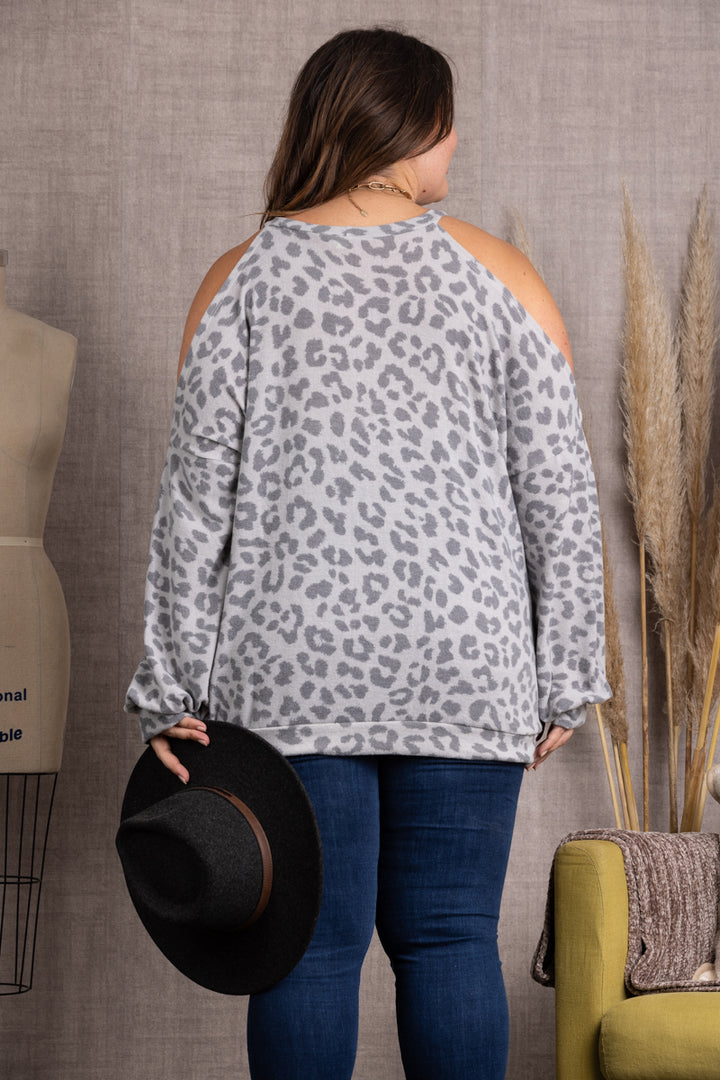 CHARCOAL LEOPARD PRINT COLD SHOULDER PLUS SIZE TOP-CT43644F-PL