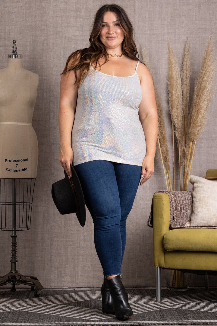 T7468-CREAM SEQUENCE SOLID SPAGHETTI STRAP PLUS SIZE TANK TOP