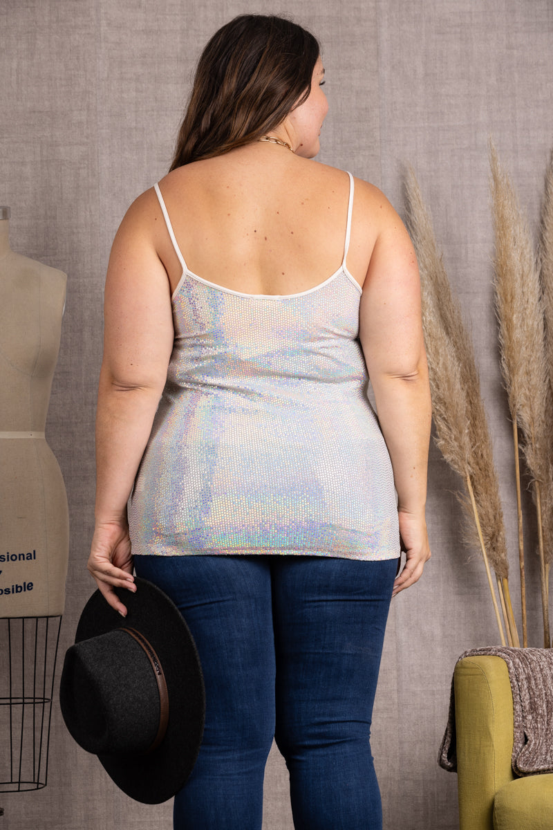 T7468-CREAM SEQUENCE SOLID SPAGHETTI STRAP PLUS SIZE TANK TOP