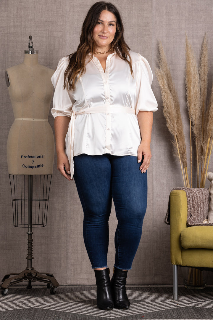 IVORY SATIN COLLARED TIE WAIST PLUS SIZE TOP-B51701WX