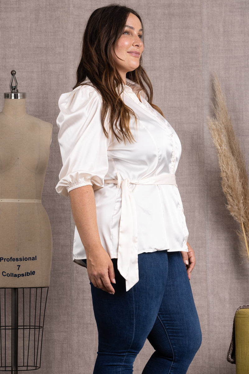 IVORY SATIN COLLARED TIE WAIST PLUS SIZE TOP-B51701WX