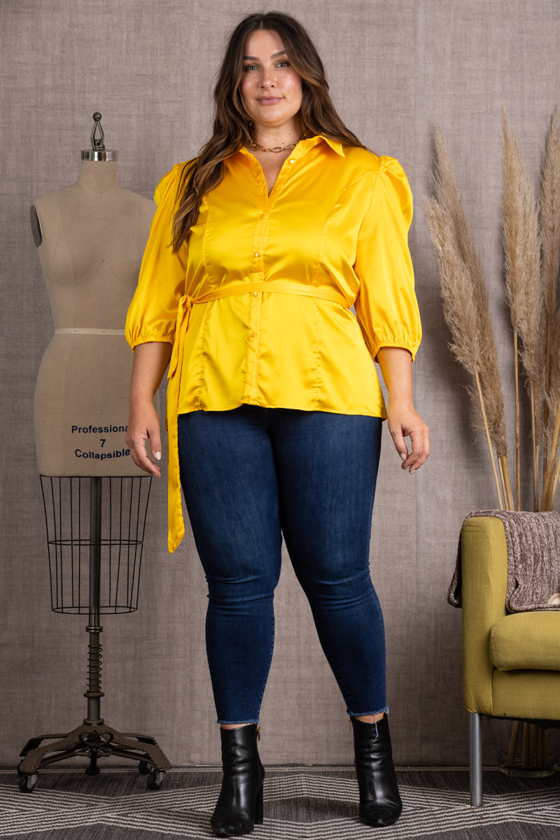 B51701WX-Wholesale YELLOW SATIN COLLARED TIE WAIST PLUS SIZE TOP