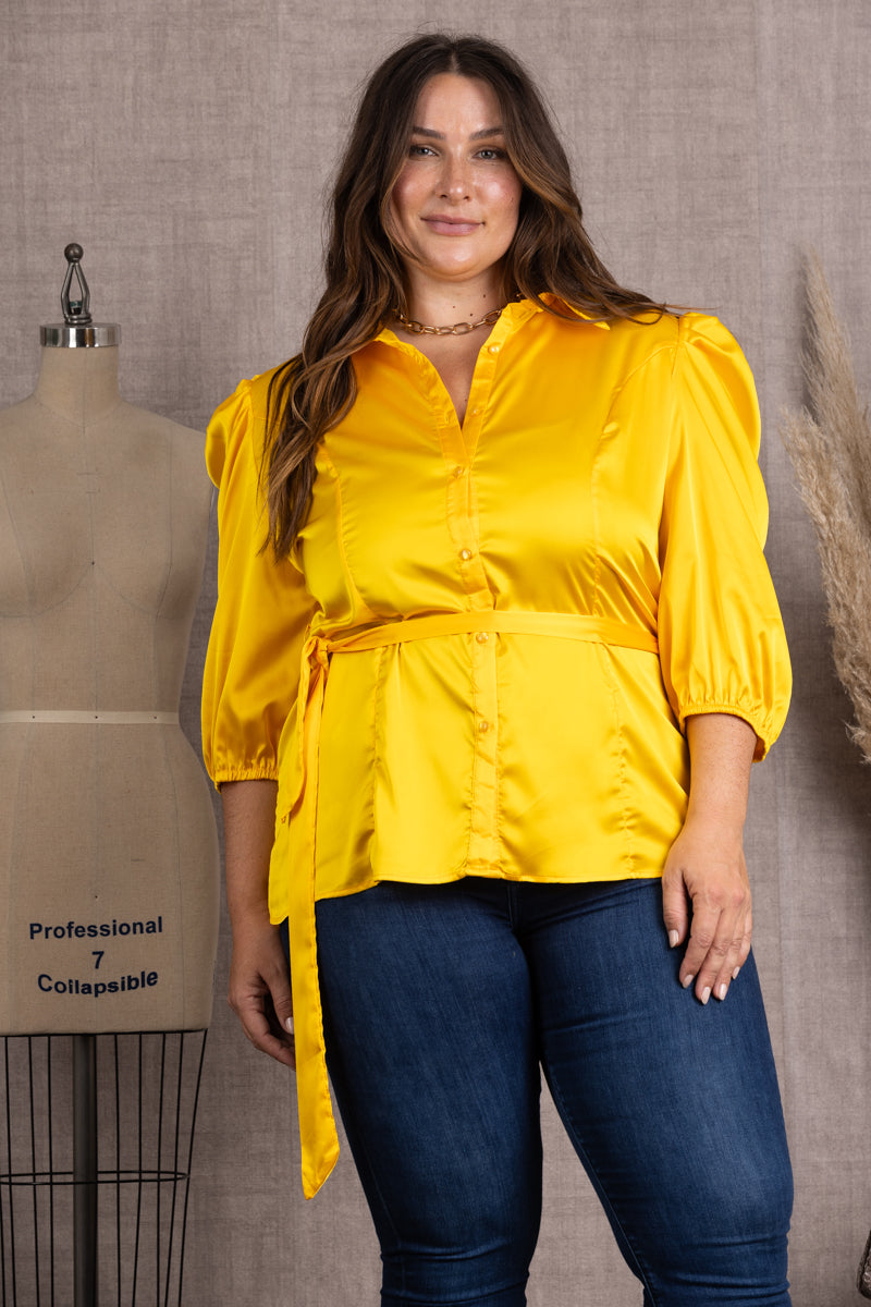 YELLOW SATIN COLLARED TIE WAIST PLUS SIZE TOP-B51701WX