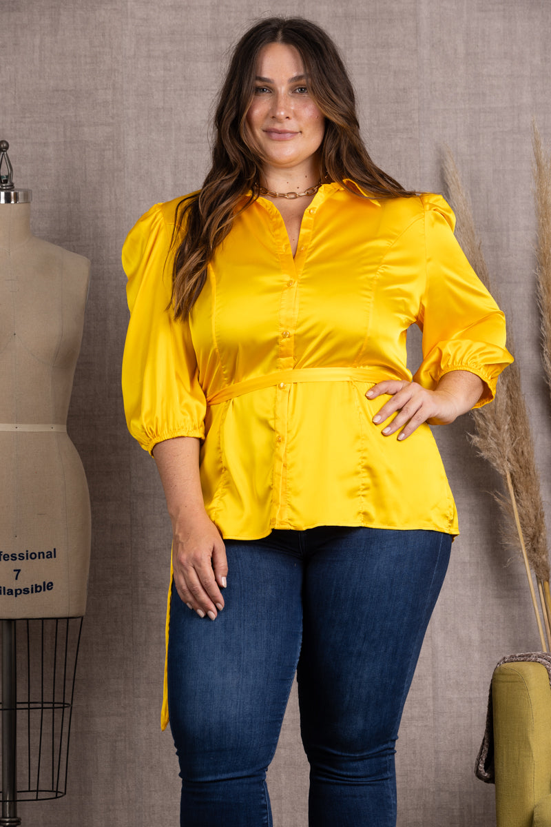 YELLOW SATIN COLLARED TIE WAIST PLUS SIZE TOP-B51701WX