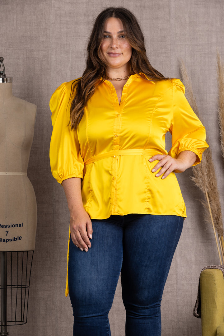 YELLOW SATIN COLLARED TIE WAIST PLUS SIZE TOP-B51701WX