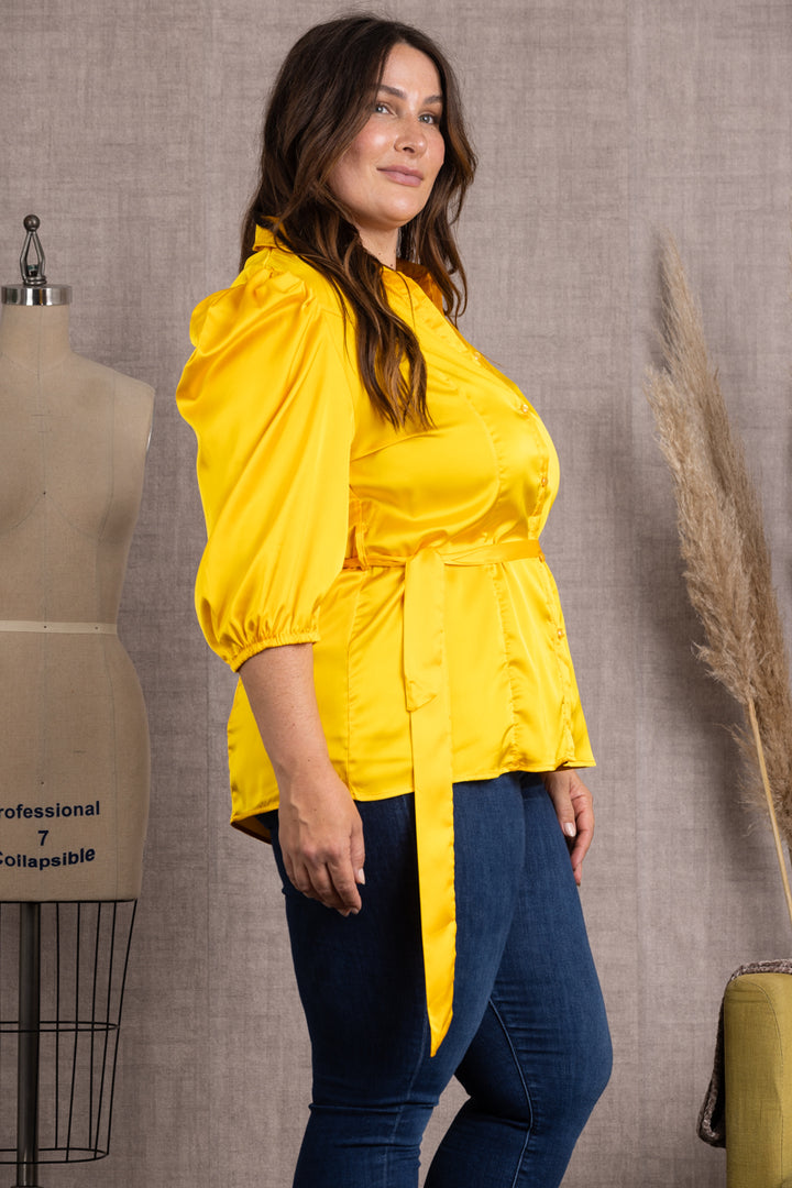 YELLOW SATIN COLLARED TIE WAIST PLUS SIZE TOP-B51701WX