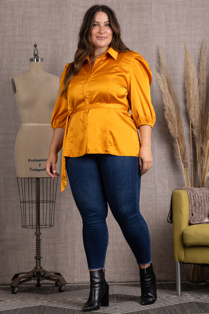 B51701WX-Wholesale ORANGE SATIN COLLARED TIE WAIST PLUS SIZE TOP