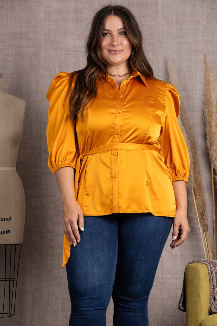 ORANGE SATIN COLLARED TIE WAIST PLUS SIZE TOP-B51701WX