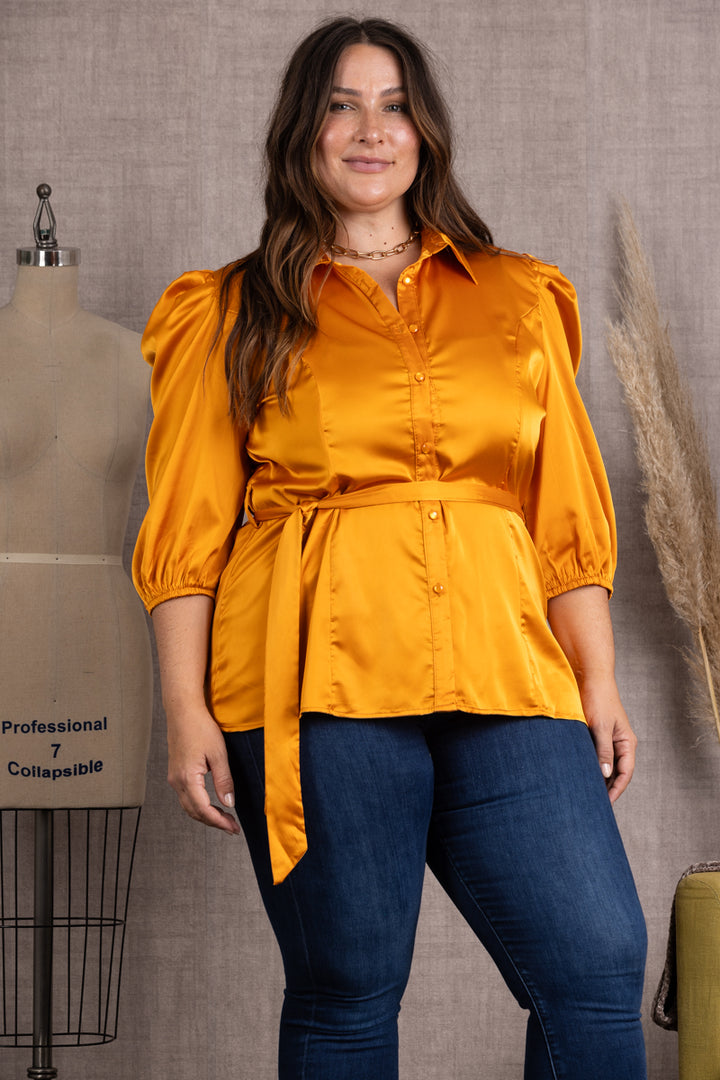 ORANGE SATIN COLLARED TIE WAIST PLUS SIZE TOP-B51701WX