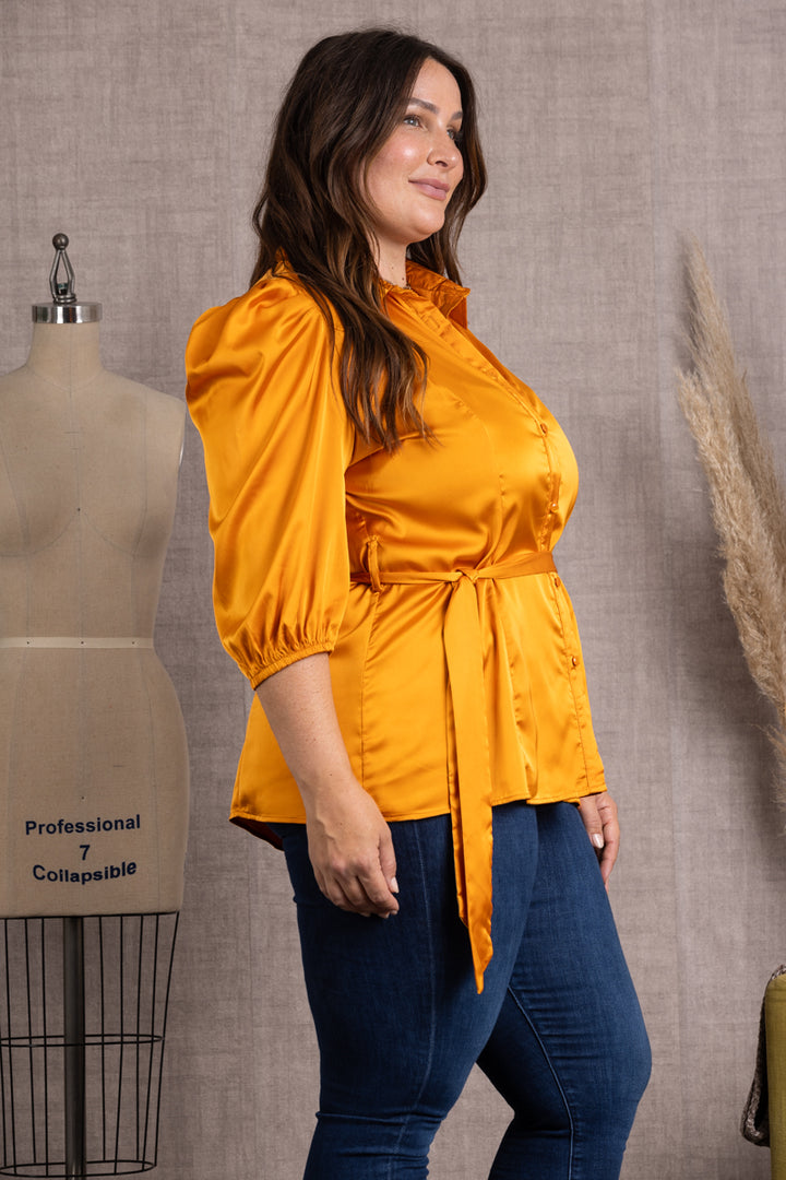 ORANGE SATIN COLLARED TIE WAIST PLUS SIZE TOP-B51701WX