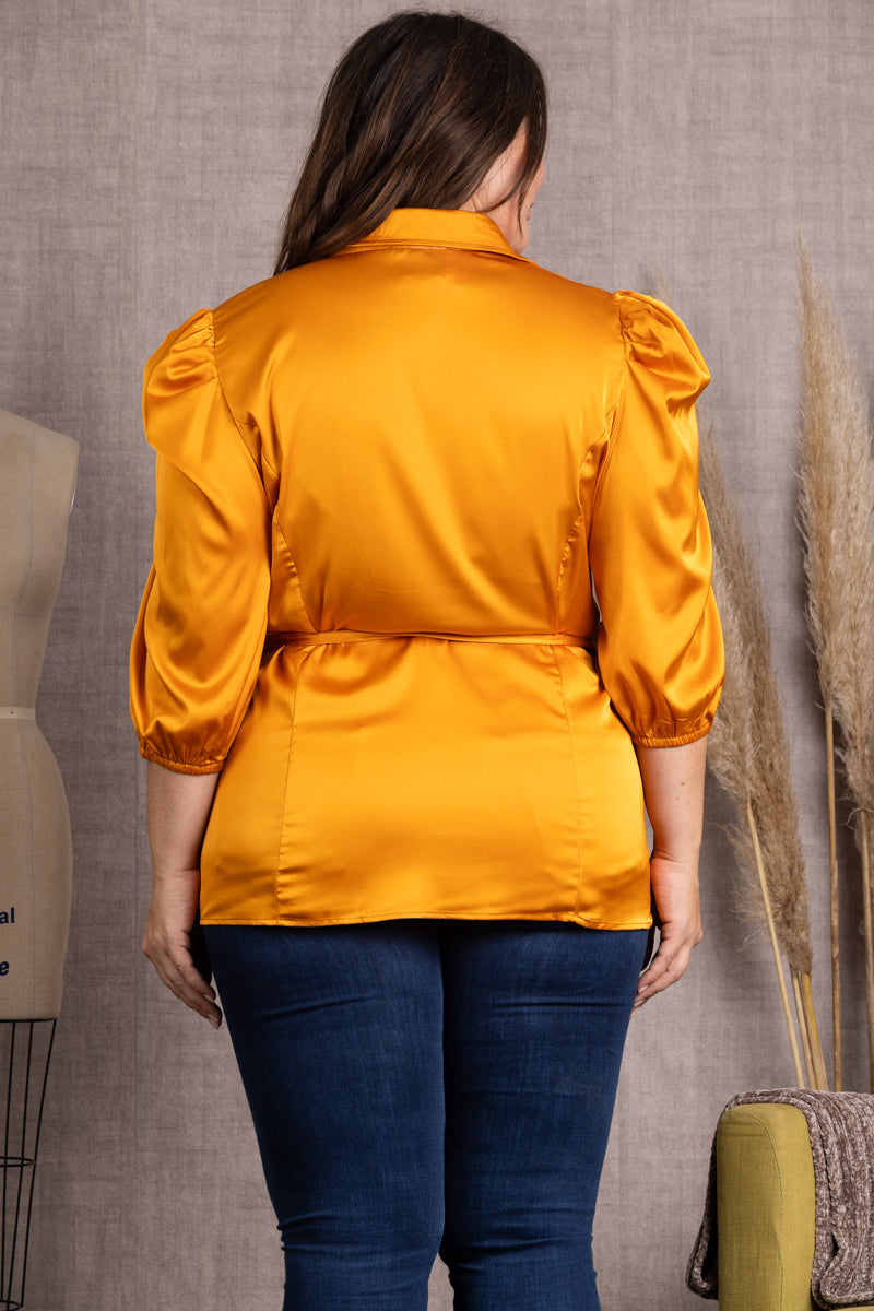 ORANGE SATIN COLLARED TIE WAIST PLUS SIZE TOP-B51701WX