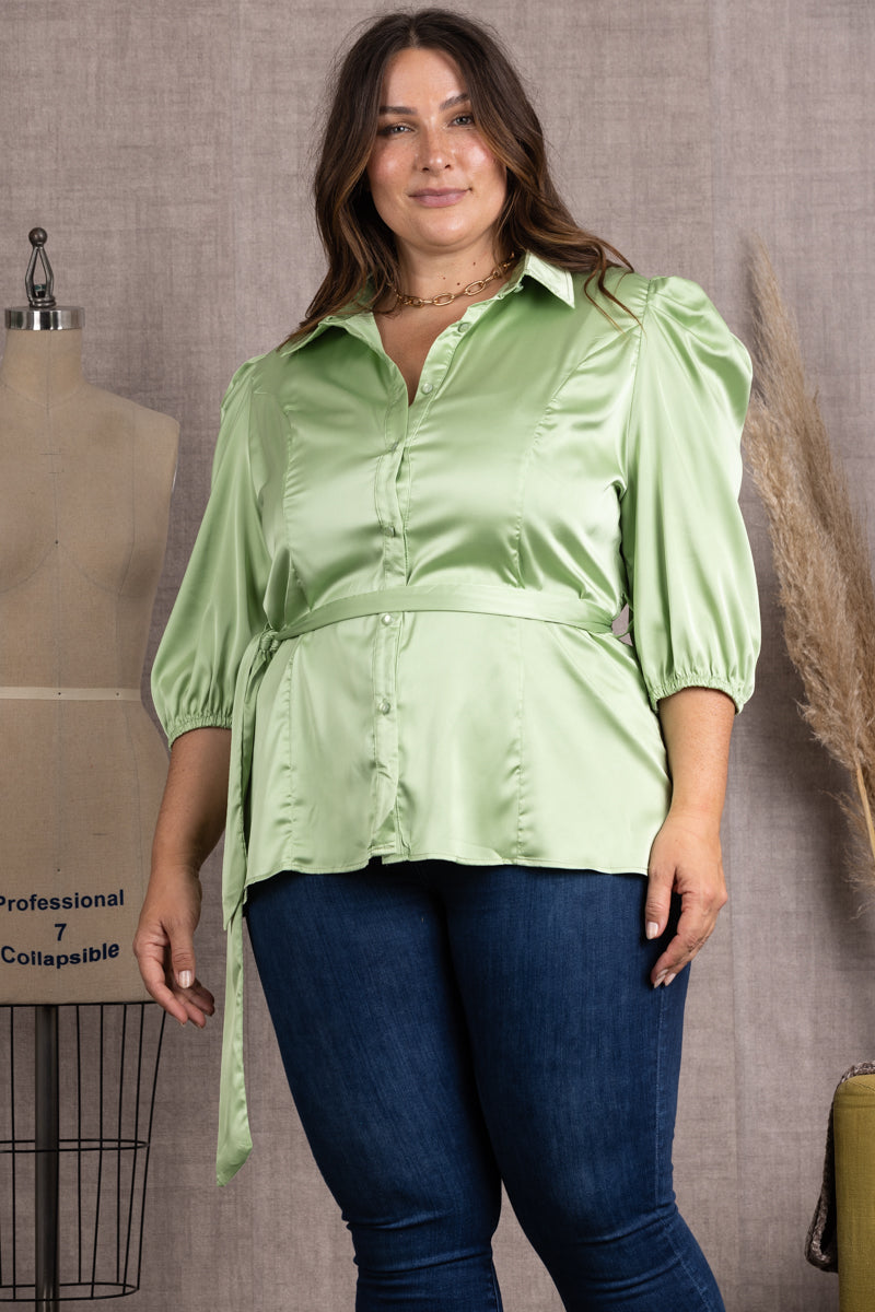 B51701WX-Wholesale MINT SATIN COLLARED TIE WAIST PLUS SIZE TOP