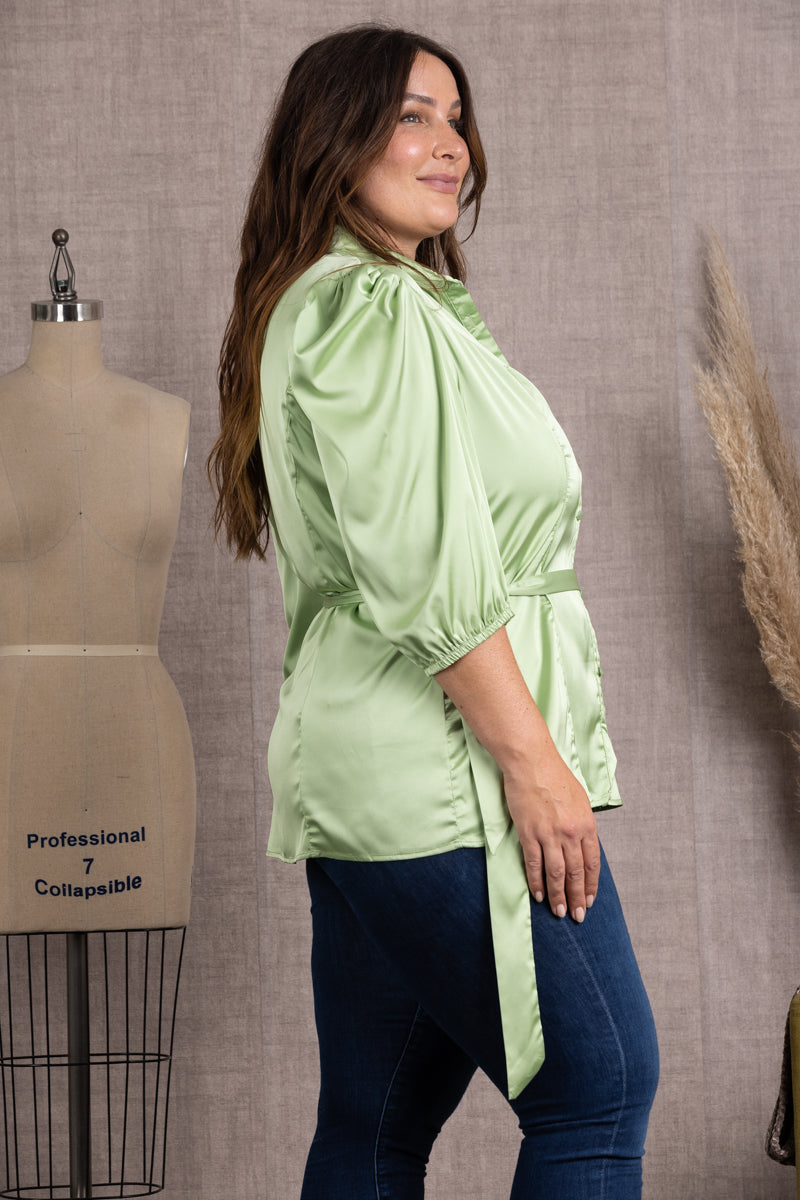 MINT SATIN COLLARED TIE WAIST PLUS SIZE TOP-B51701WX