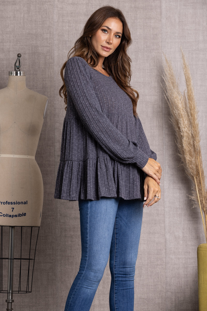 CHARCOAL RIBBED KNIT CUFF LONG SLEEVE TOP-TJ10119